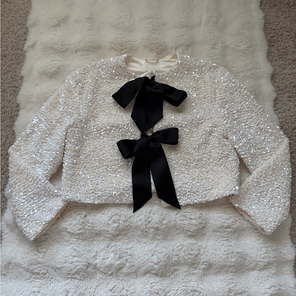 H&M Ivory Sparkling Sequin Tie Front Jacket with Black Bows-S - Picture 9 of 16